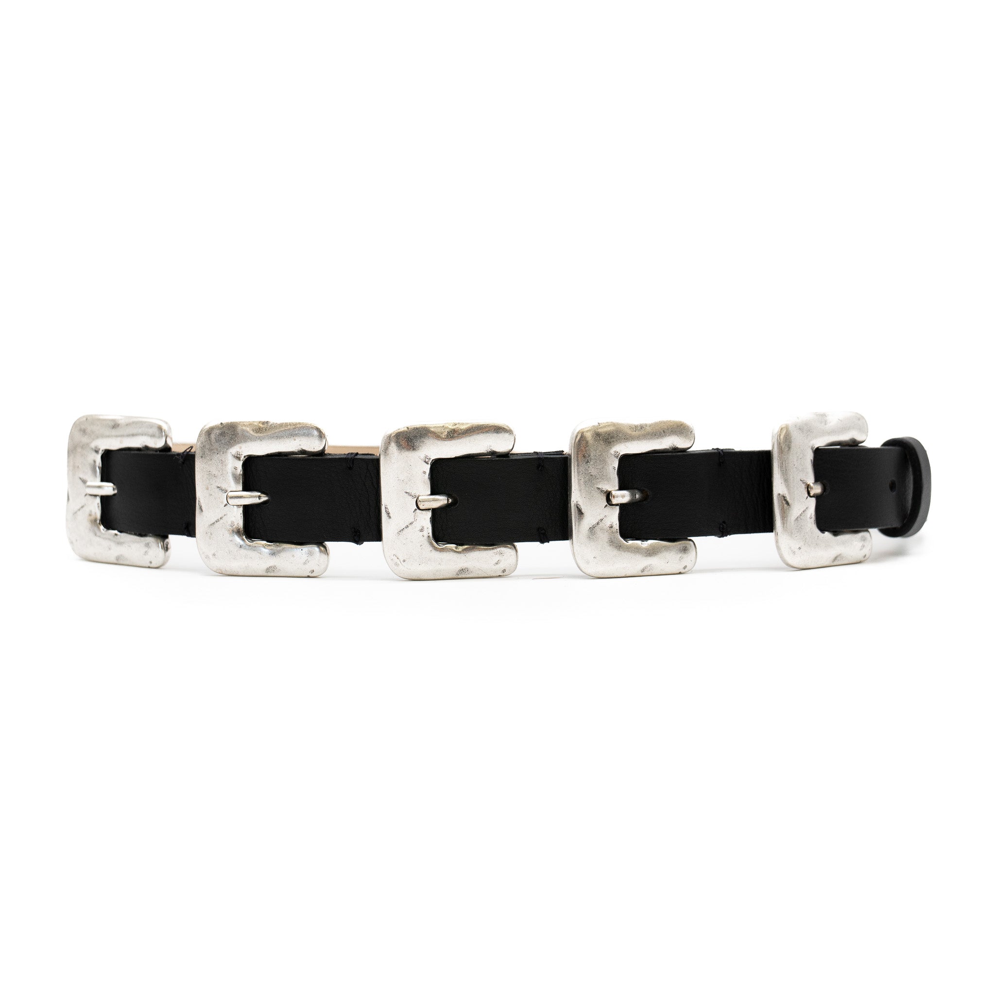 Black Italian leather belt with sculptural silver-plated multi-buckle detailing, handcrafted in Los Angeles using custom hardware