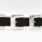 Black Italian leather belt with sculptural silver-plated multi-buckle detailing, handcrafted in Los Angeles using custom hardware
