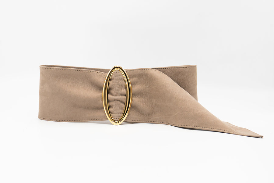 Taupe nubuck leather waist belt with 24K gold-plated oval buckle, chic and sophisticated - Streets Ahead