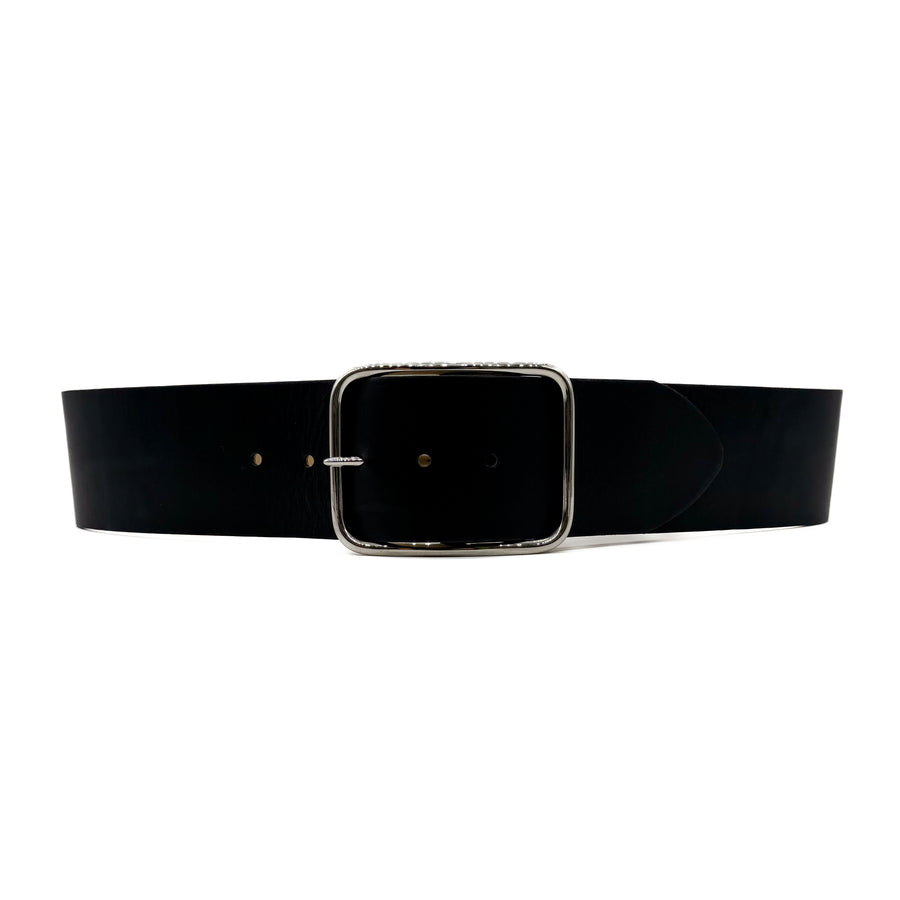 Cora Belt - Wide Waist Black Leather Belt Silver Buckle - Streets Ahead