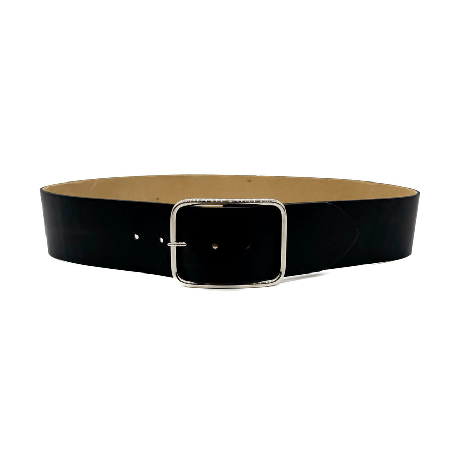 Cora Belt - Wide Waist Black Leather Belt Silver Buckle - Streets Ahead