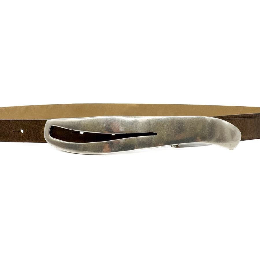 Leona Belt - Narrow Brown Belt Organic Shape Silver Buckle - Streets Ahead