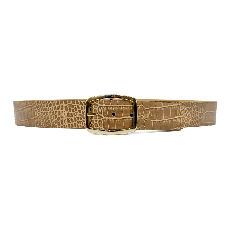 Alora Belt - Tan Croc-Embossed Leather Belt Gold Buckle - Streets Ahead