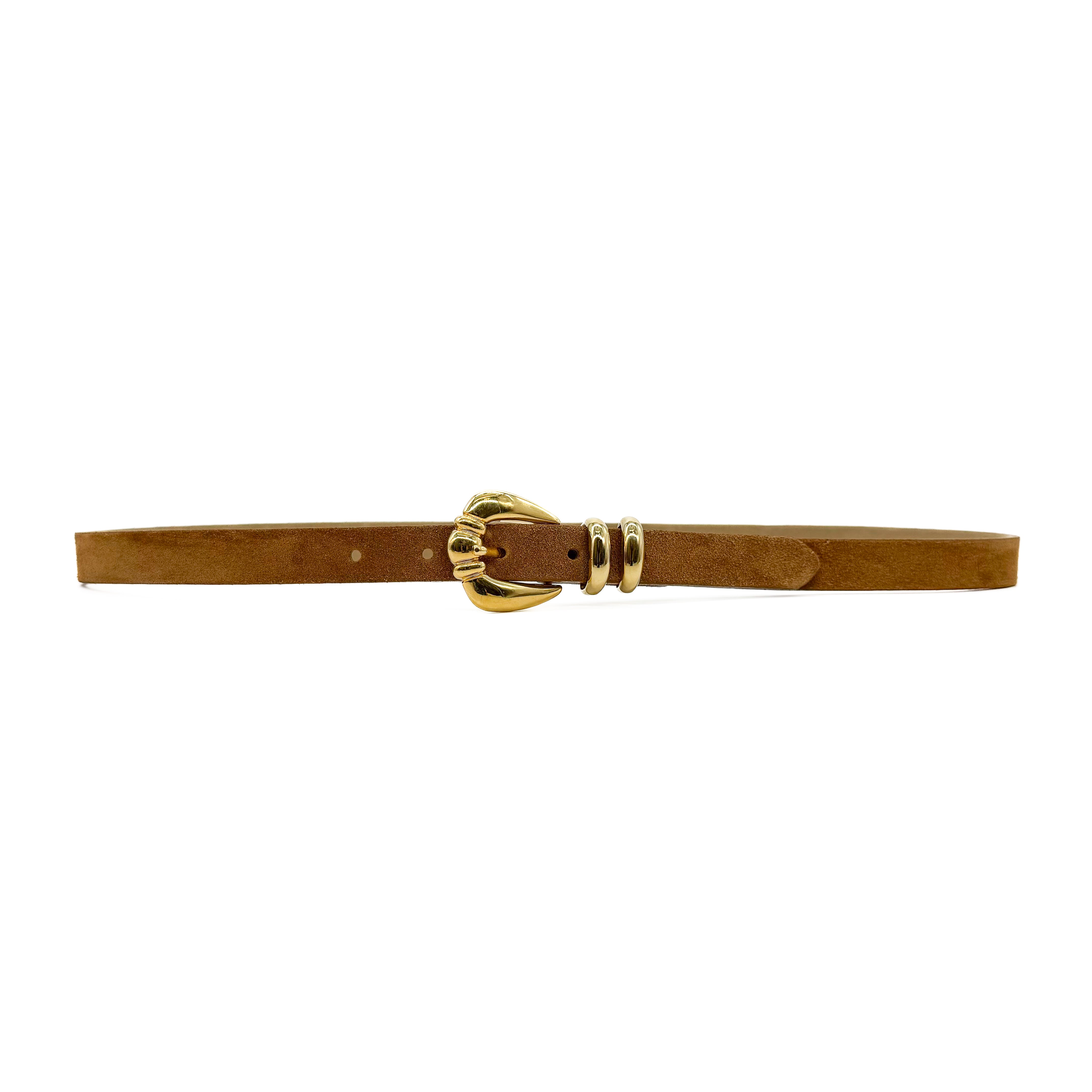 Gaby Belt - Tan Suede Narrow Leather Belt Gold Buckle - Streets Ahead