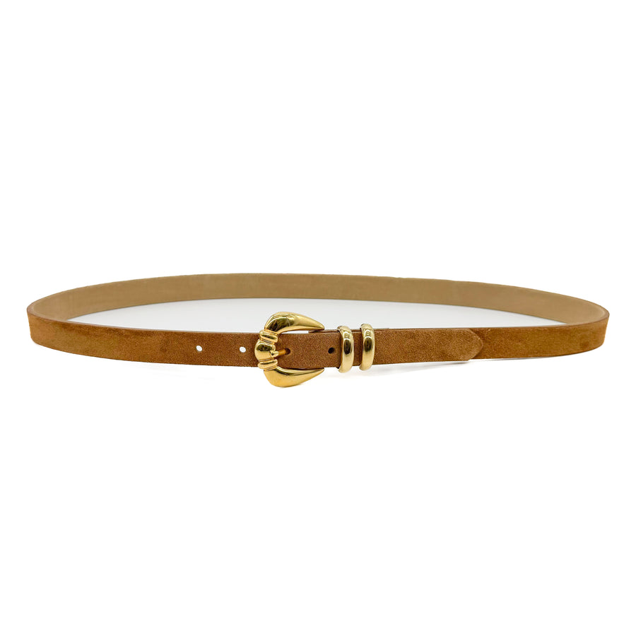 Gaby Belt - Tan Suede Narrow Leather Belt Gold Buckle - Streets Ahead