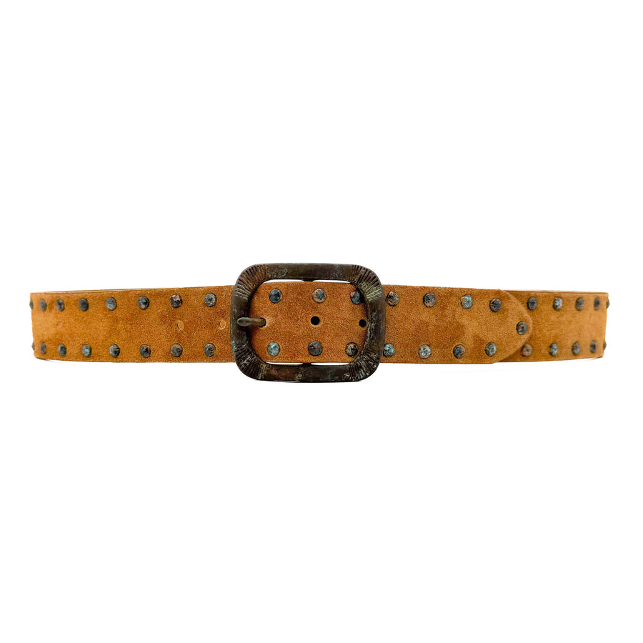 Addie Belt - Cognac Suede Leather Distressed Patina Buckle and Studs - Streets Ahead