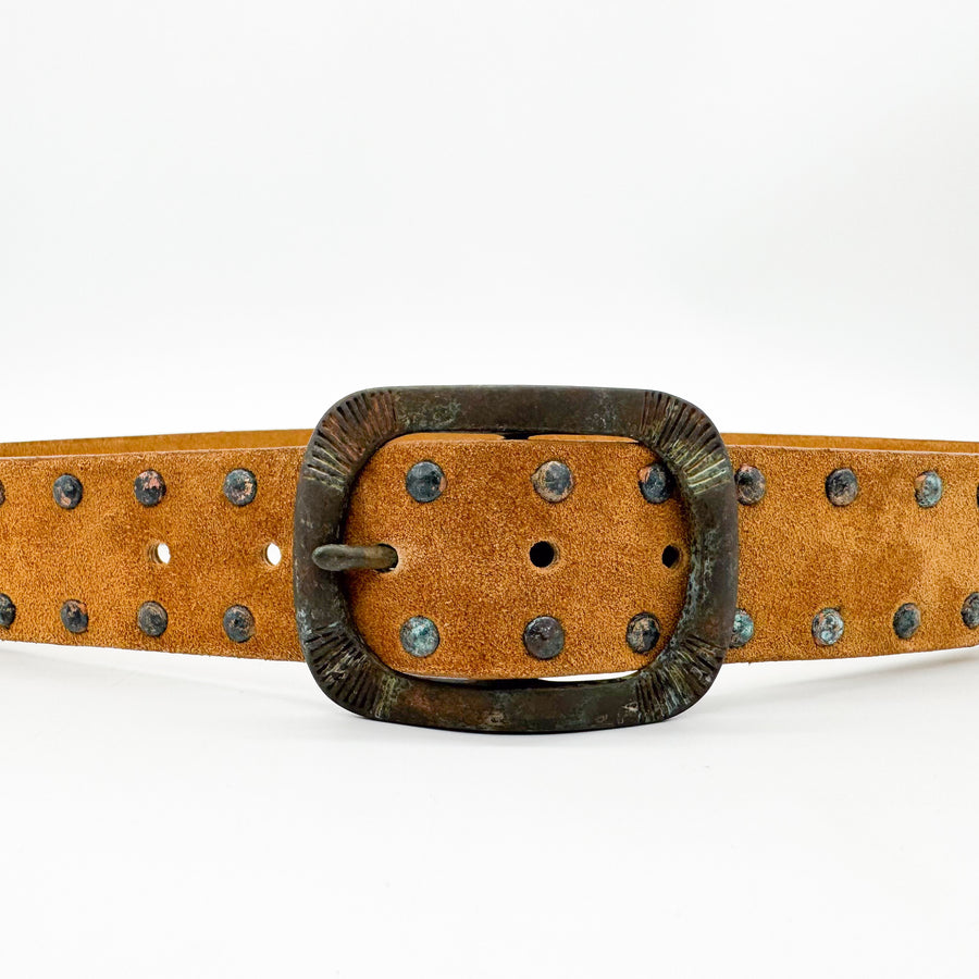 Addie Belt - Cognac Suede Leather Distressed Patina Buckle and Studs - Streets Ahead