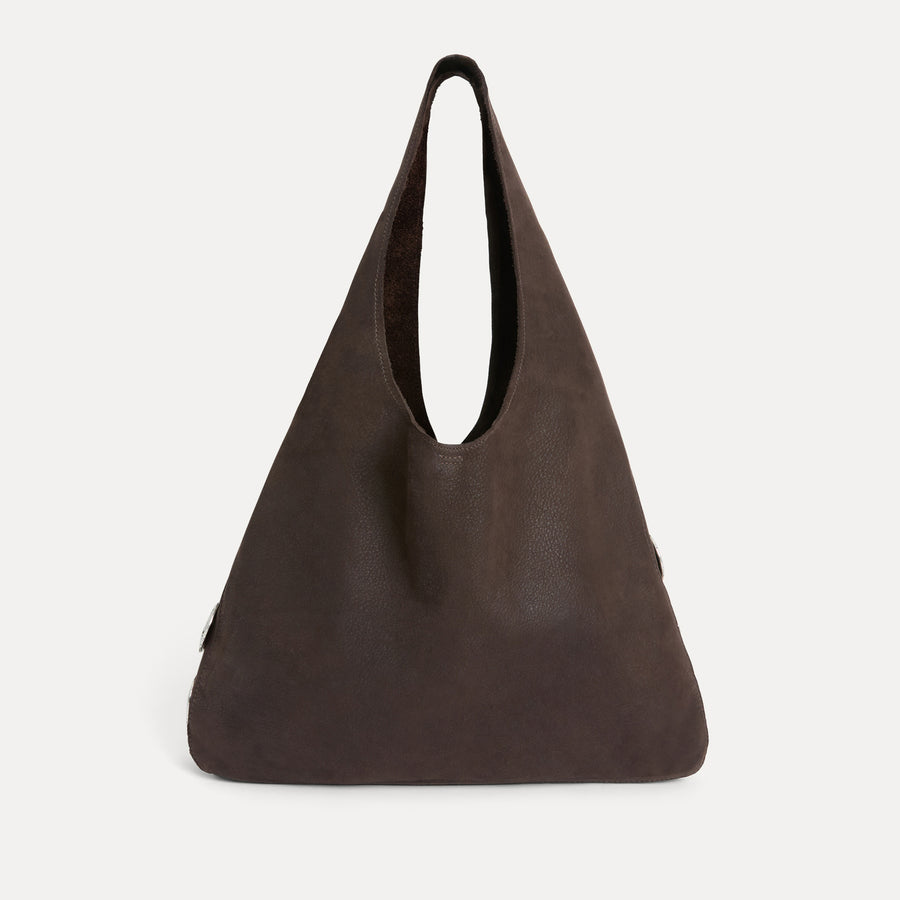 Front view of the Rhea Slouchy Hobo in coffee nubuck Italian leather with silver hardware on the sides - Streets Ahead