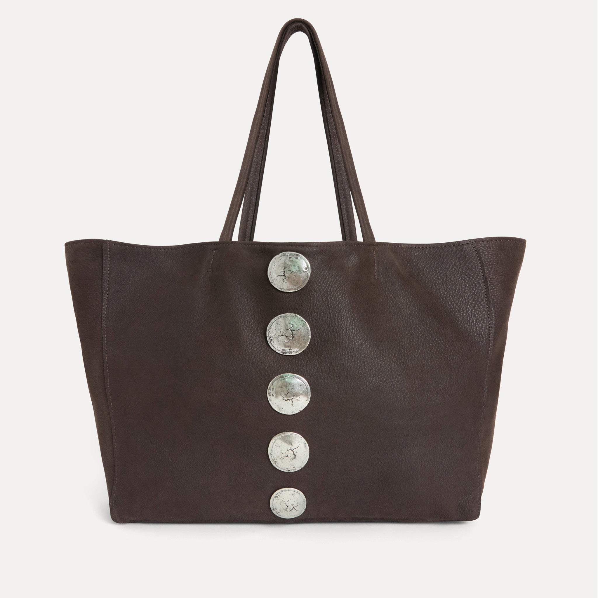 Gaia Tote in coffee Italian nubuck with silver hardware accents, Streets Ahead