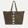 Gaia Tote in olive Italian nubuck with silver hardware accents, Streets Ahead