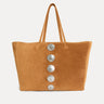 Gaia Tote in tan Italian suede with silver hardware accents, Streets Ahead