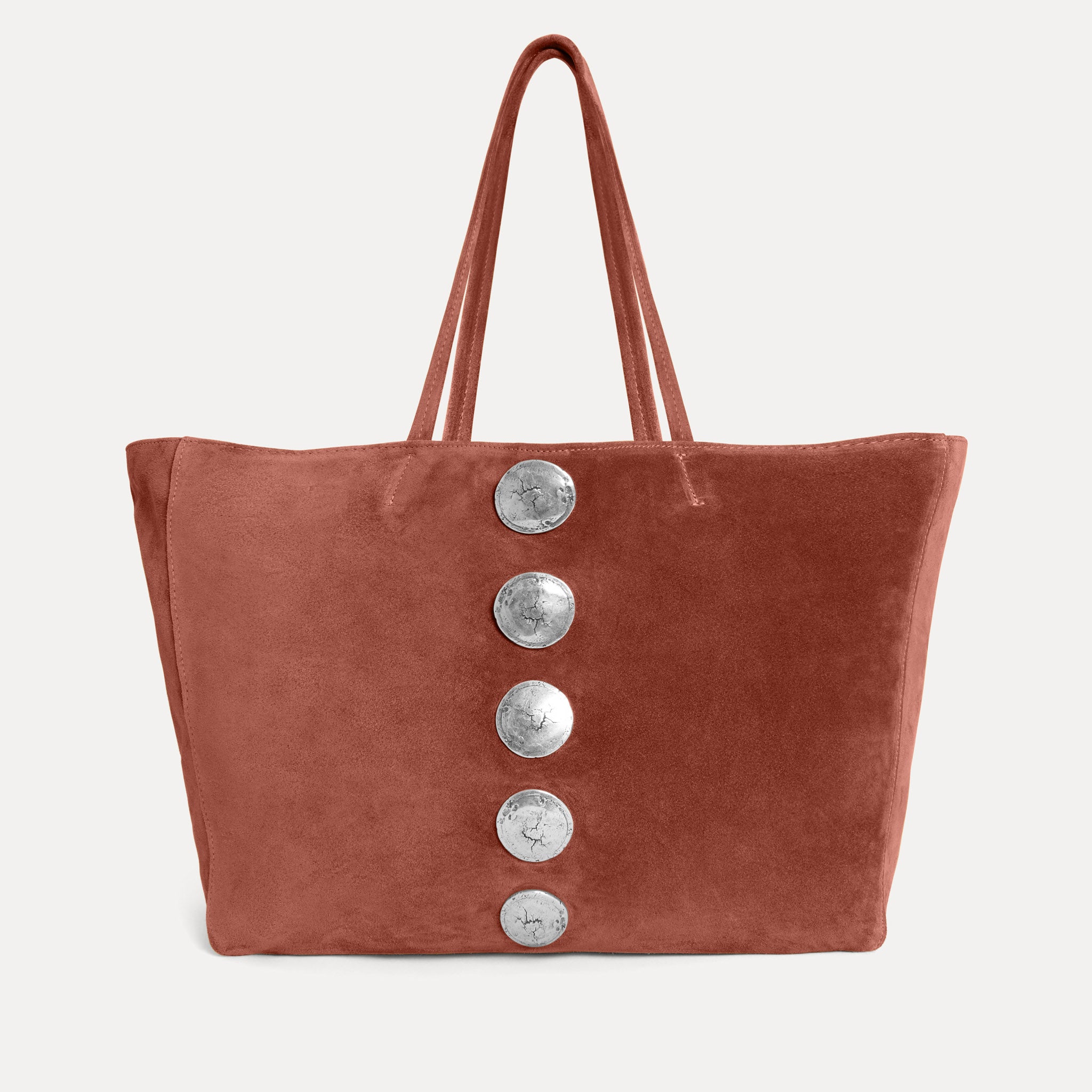 Gaia Tote in rust Italian suede with silver hardware, Streets Ahead