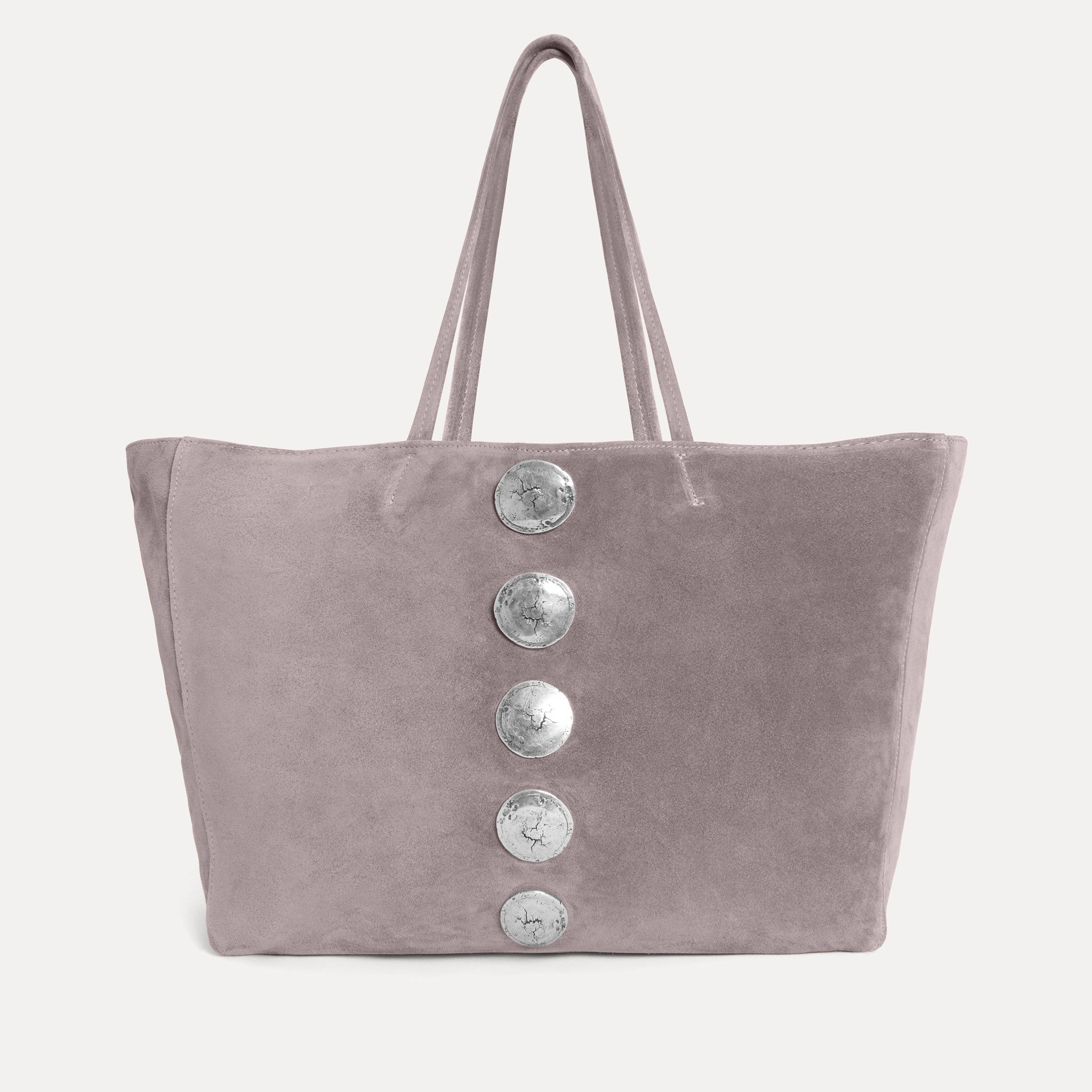 Gaia Tote in grey Italian suede with silver hardware accents, Streets Ahead