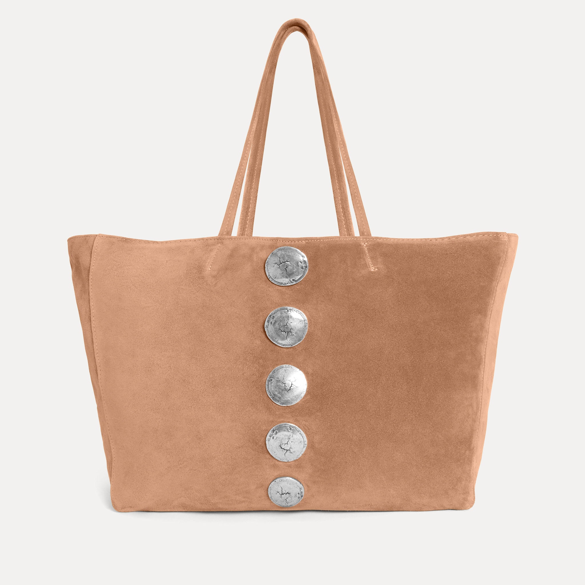Gaia Tote in cappuccino Italian suede with silver hardware, Streets Ahead