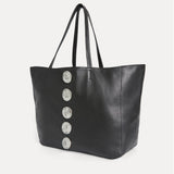 Angled view of the Gaia Slouchy Tote in black leather showing soft, unstructured silhouette.