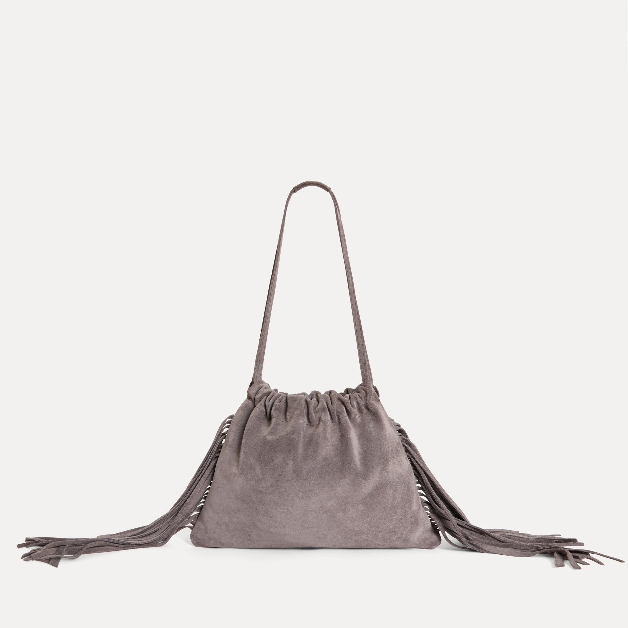 Diana Fringe Bag in grey Italian suede with drawstring closure and fringe detail, Streets Ahead