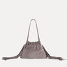 Diana Fringe Bag in grey Italian suede with drawstring closure and fringe detail, Streets Ahead