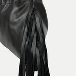Close-up of the Diana Fringe Bag in black leather highlighting layered fringe detail - Streets Ahead