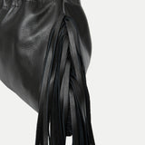Close-up of the Diana Fringe Bag in black leather highlighting layered fringe detail - Streets Ahead