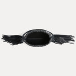 Open top view of the Diana Fringe Bag in black leather showing interior and drawstring - Streets Ahead
