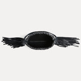 Open top view of the Diana Fringe Bag in black leather showing interior and drawstring - Streets Ahead