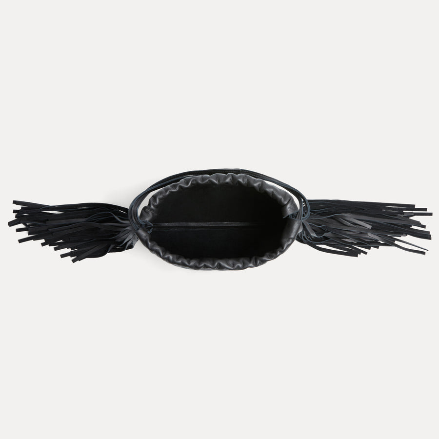 Open top view of the Diana Fringe Bag in black leather showing interior and drawstring - Streets Ahead