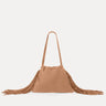 Diana Fringe Bag in cappuccino Italian suede with drawstring and fringe detail, Streets Ahead