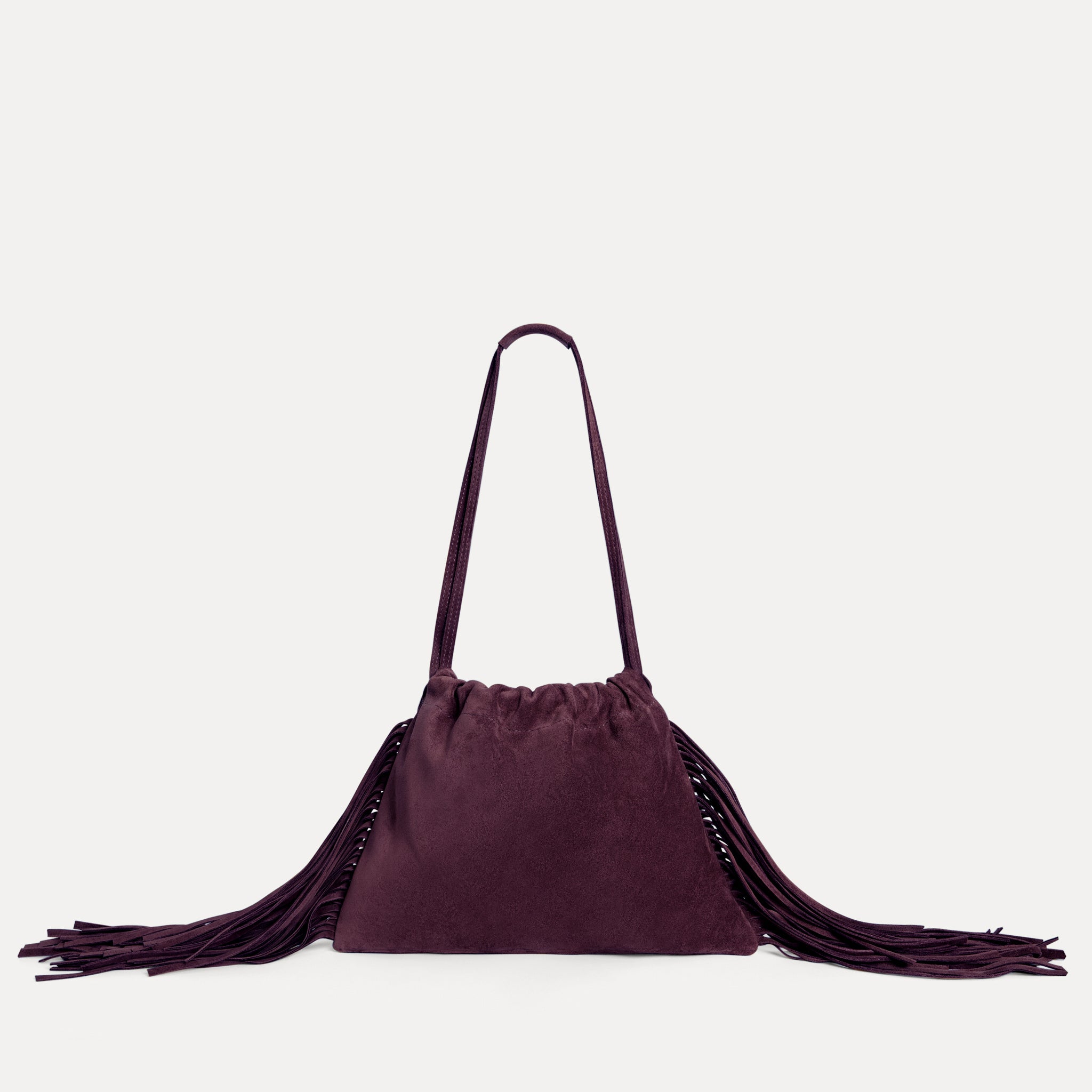 Diana Fringe Bag in plum Italian suede with drawstring closure and fringe detail, Streets Ahead