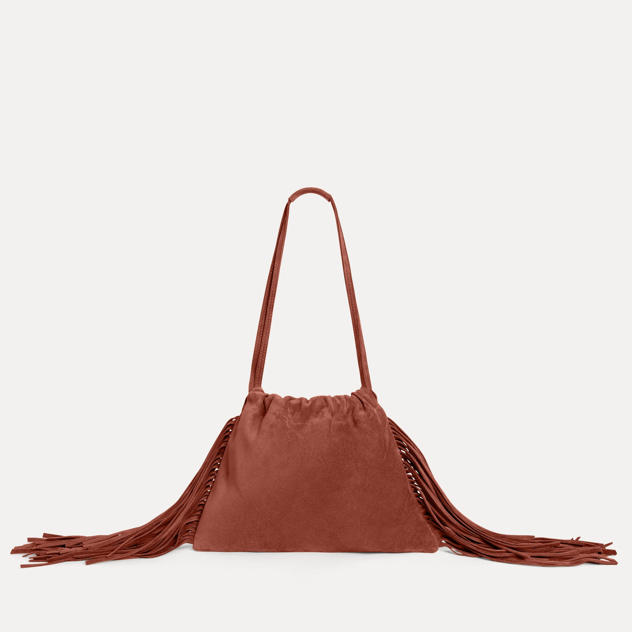 Diana Fringe Bag in rust Italian suede with drawstring and fringe detail, Streets Ahead