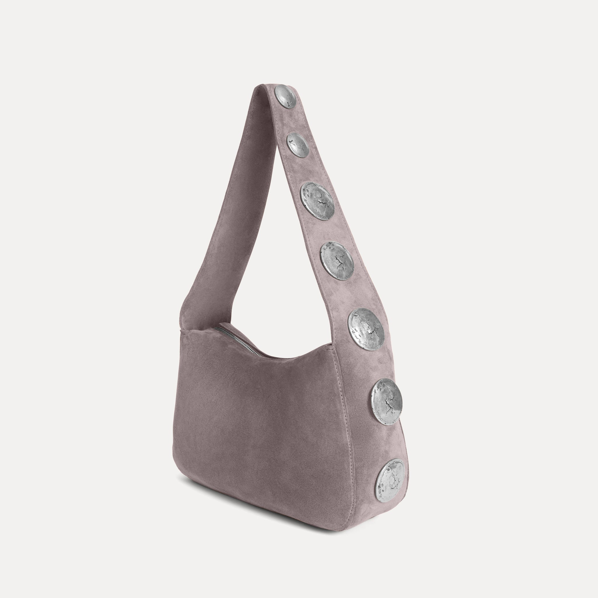 Athena Shoulder Bag in grey Italian suede with silver concho hardware, Streets Ahead