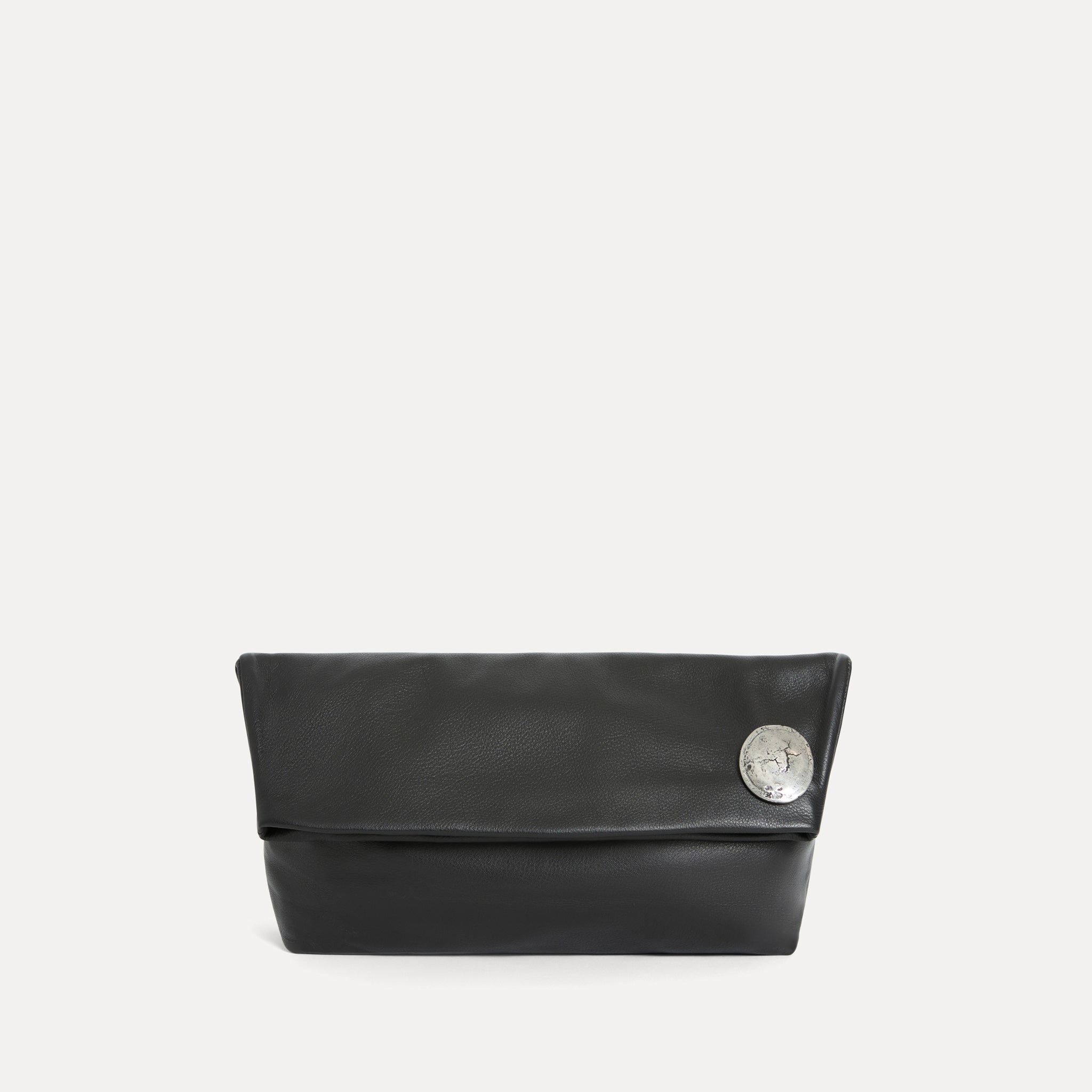 Vesta Clutch in black Italian leather, foldover design with zipper closure, Streets Ahead