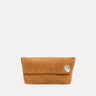 Vesta Clutch in tan Italian suede, foldover design with zipper closure, Streets Ahead