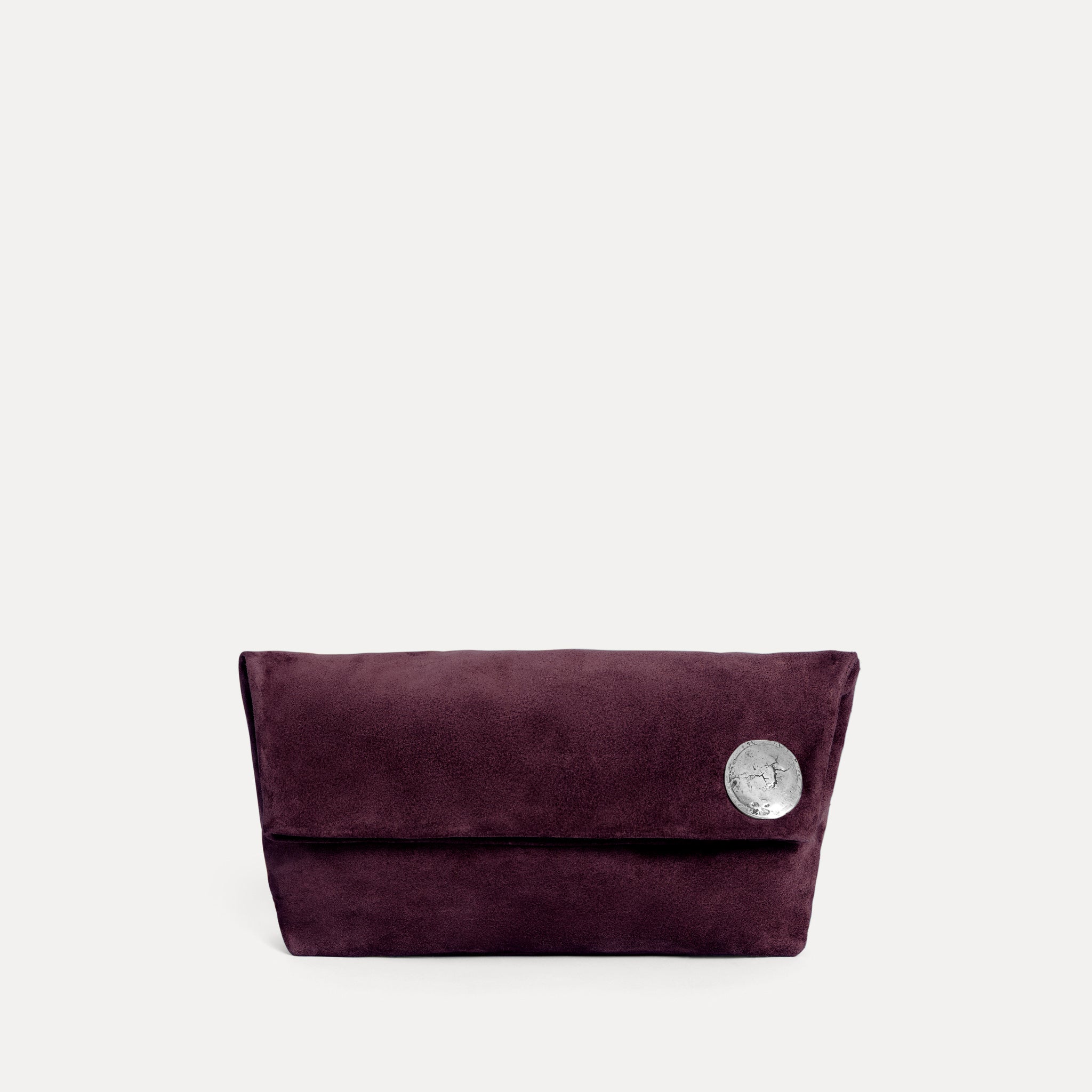 Vesta Clutch in plum Italian suede, foldover design with zipper closure, Streets Ahead