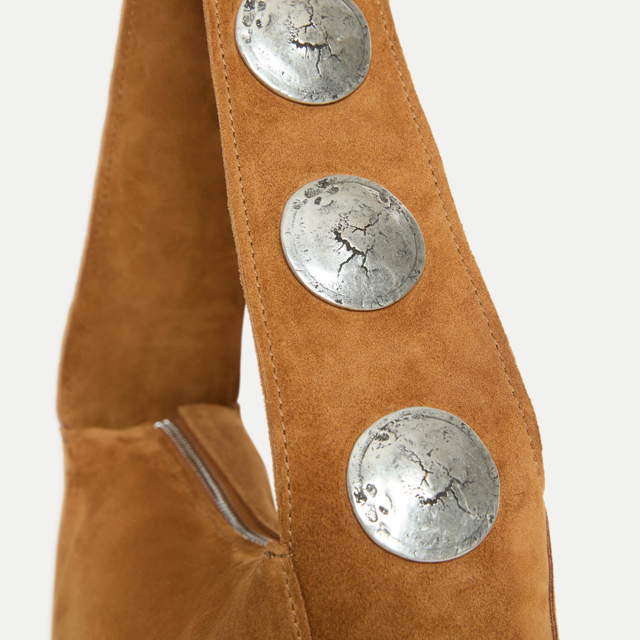 Streets Ahead Athena Shoulder Bag — tan Italian suede with signature concho hardware