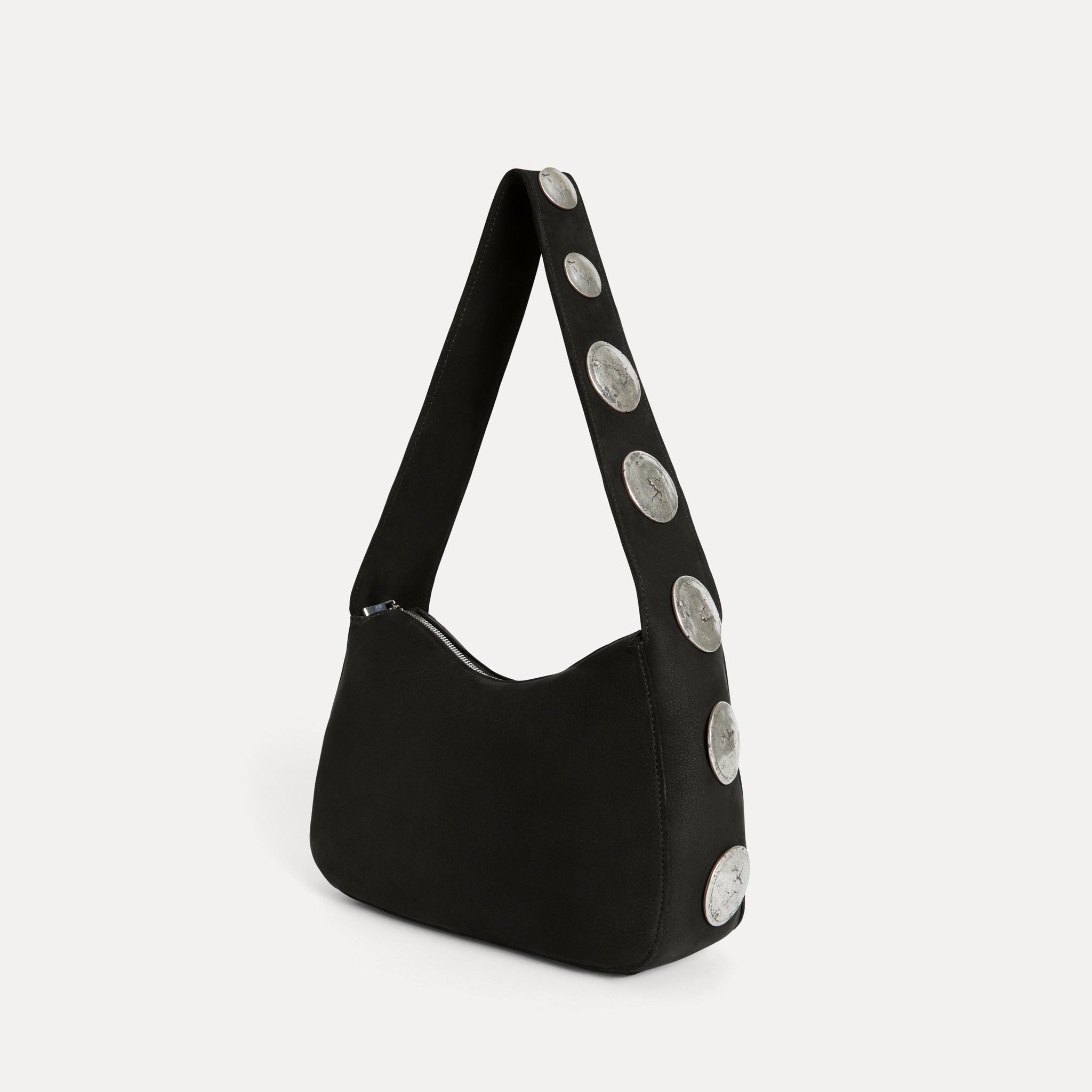 Athena Shoulder Bag in black Italian nubuck with silver concho hardware, Streets Ahead