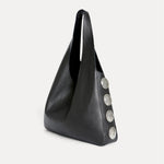 Angled view of the Rhea Slouchy Hobo in black leather showing slouchy silhouette and silver side detail - Streets Ahead