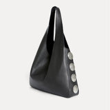 Angled view of the Rhea Slouchy Hobo in black leather showing slouchy silhouette and silver side detail - Streets Ahead