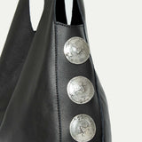 Close-up of silver Italian hardware on the Rhea Slouchy Hobo in black leather - Streets Ahead