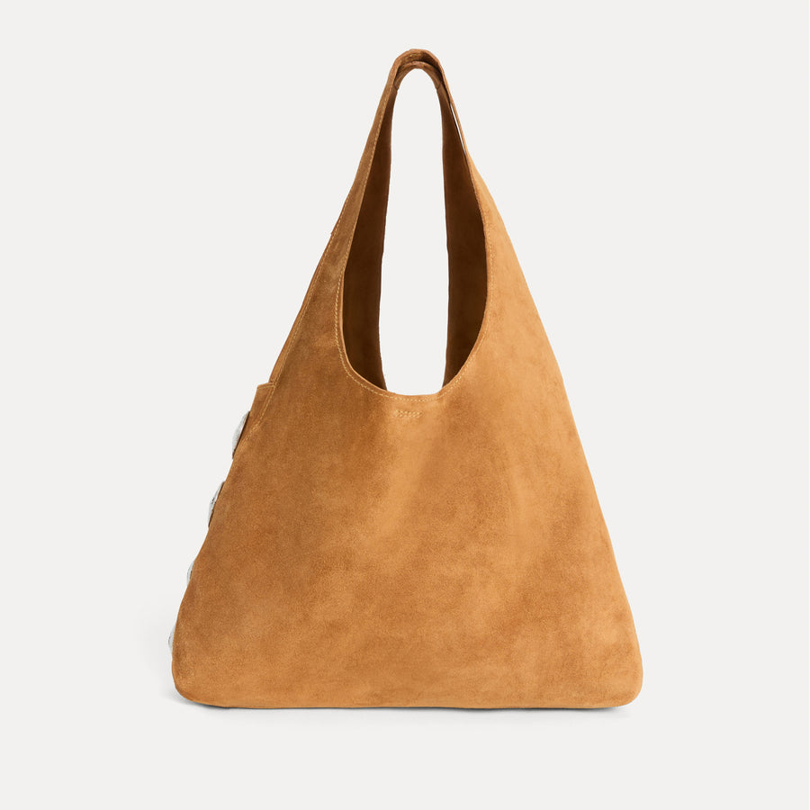 Front view of the Rhea Slouchy Hobo in tan suede Italian leather with silver hardware on the sides - Streets Ahead