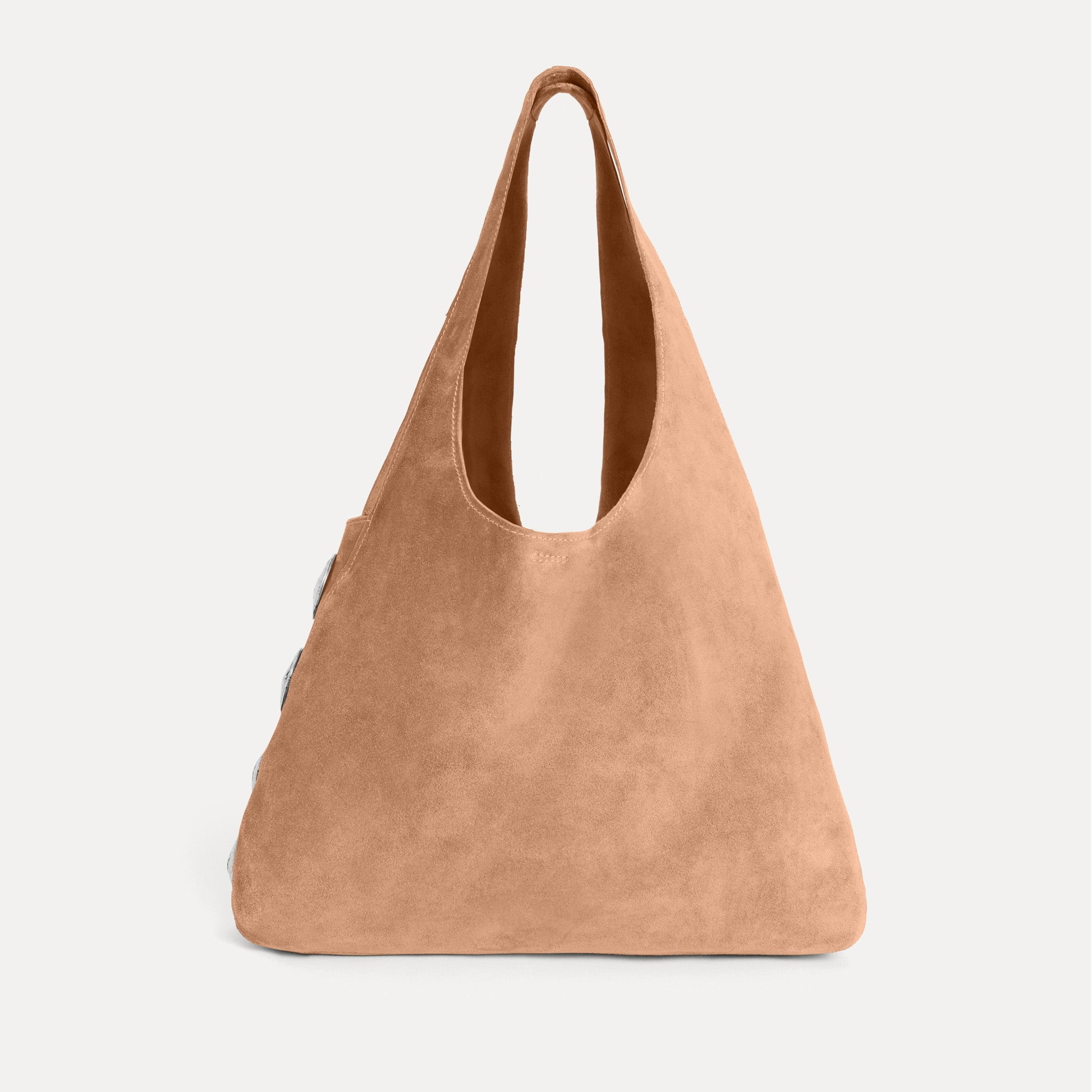 Streets Ahead Rhea Hobo — cappuccino suede with distinctive silver side hardware