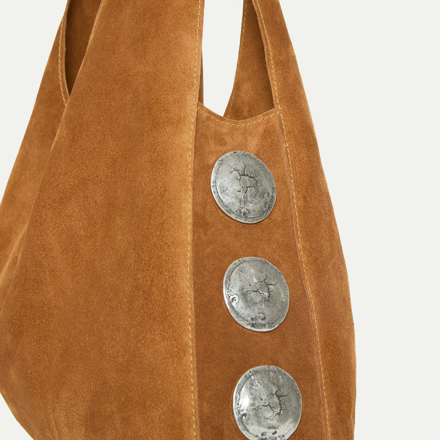 Close-up of silver Italian hardware on the Rhea Slouchy Hobo in tan suede leather - Streets Ahead