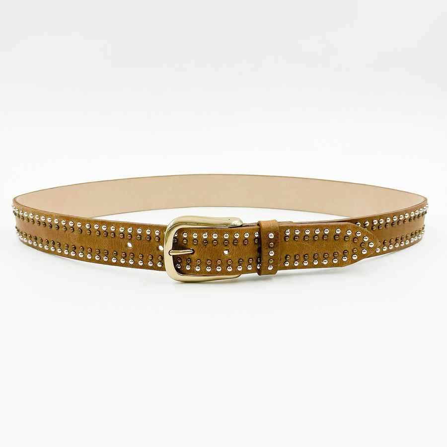 Leanna Belt - Brown Leather Mixed Metal Studded Belt - Streets Ahead