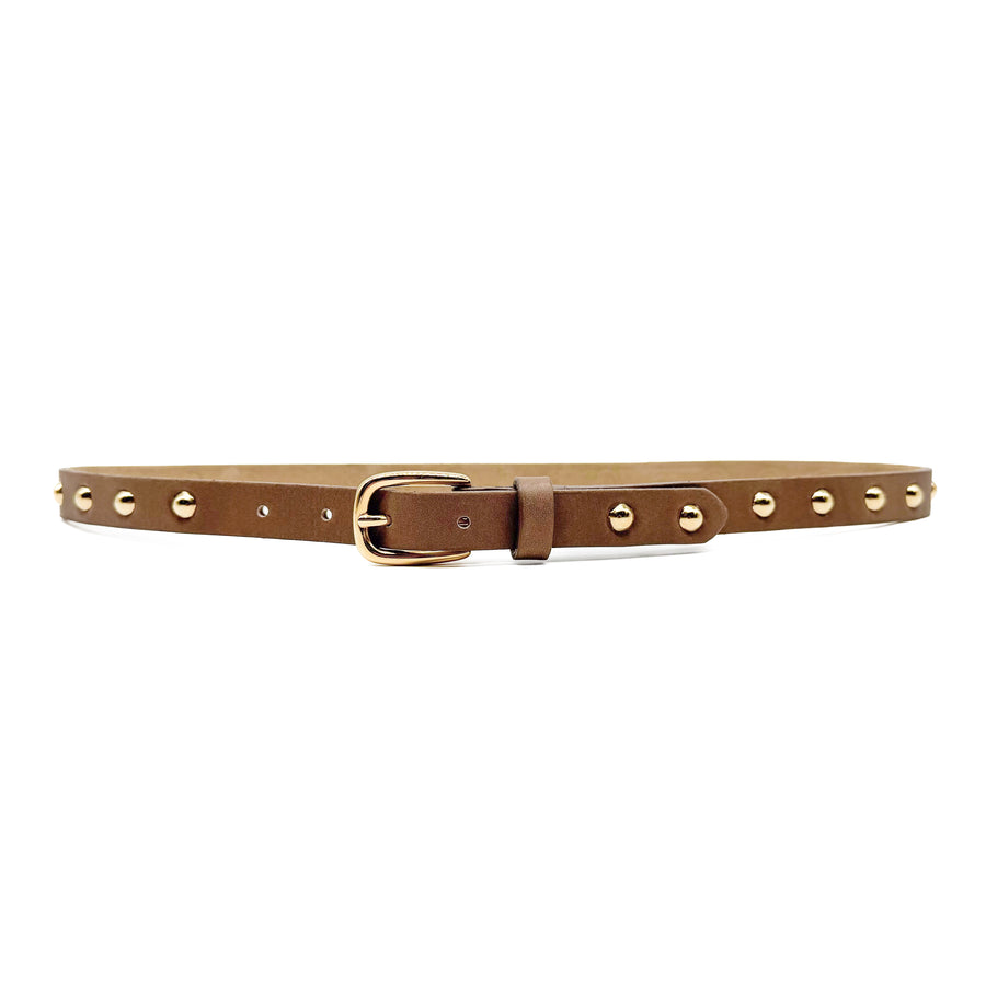 Milli Belt  - Taupe Leather Belt Gold Studs And Buckle - Streets Ahead