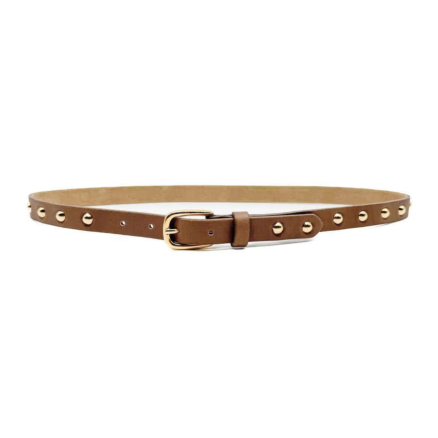 Milli Belt  - Taupe Leather Belt Gold Studs And Buckle - Streets Ahead