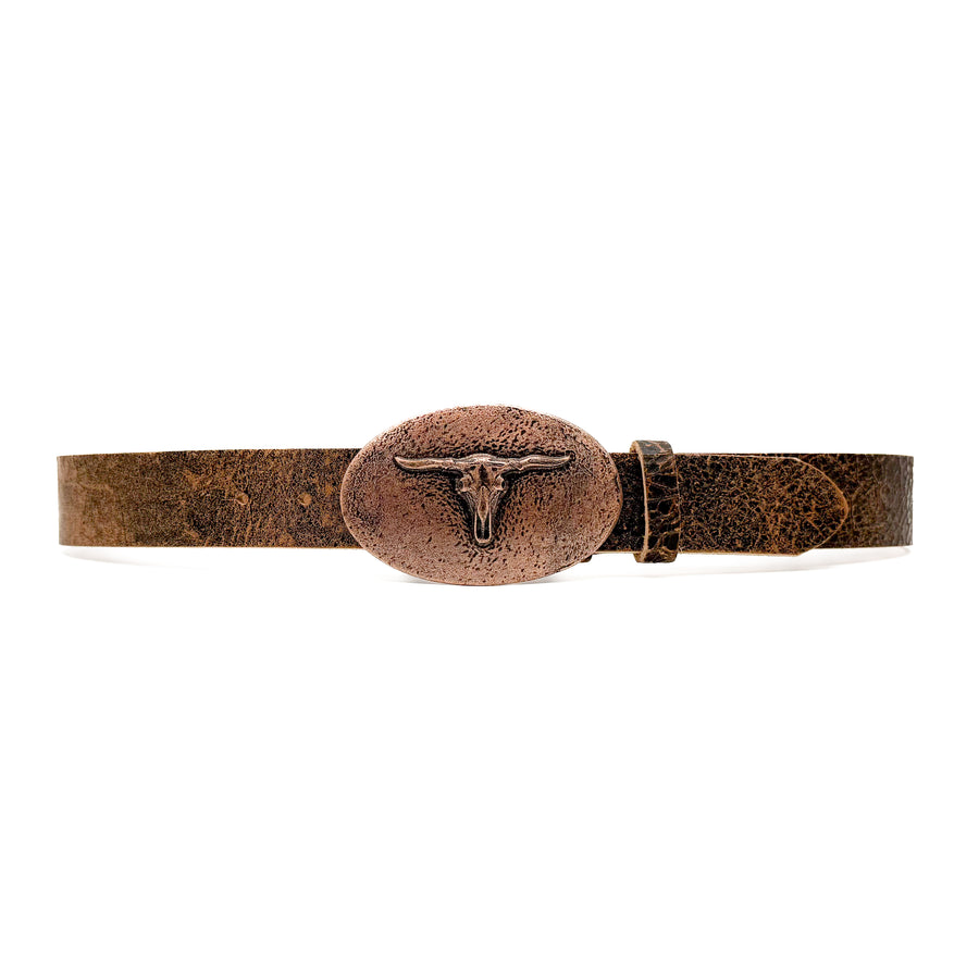 Anika Belt - Two Toned Crackle Leather Copper Bullhead Buckle - Streets Ahead