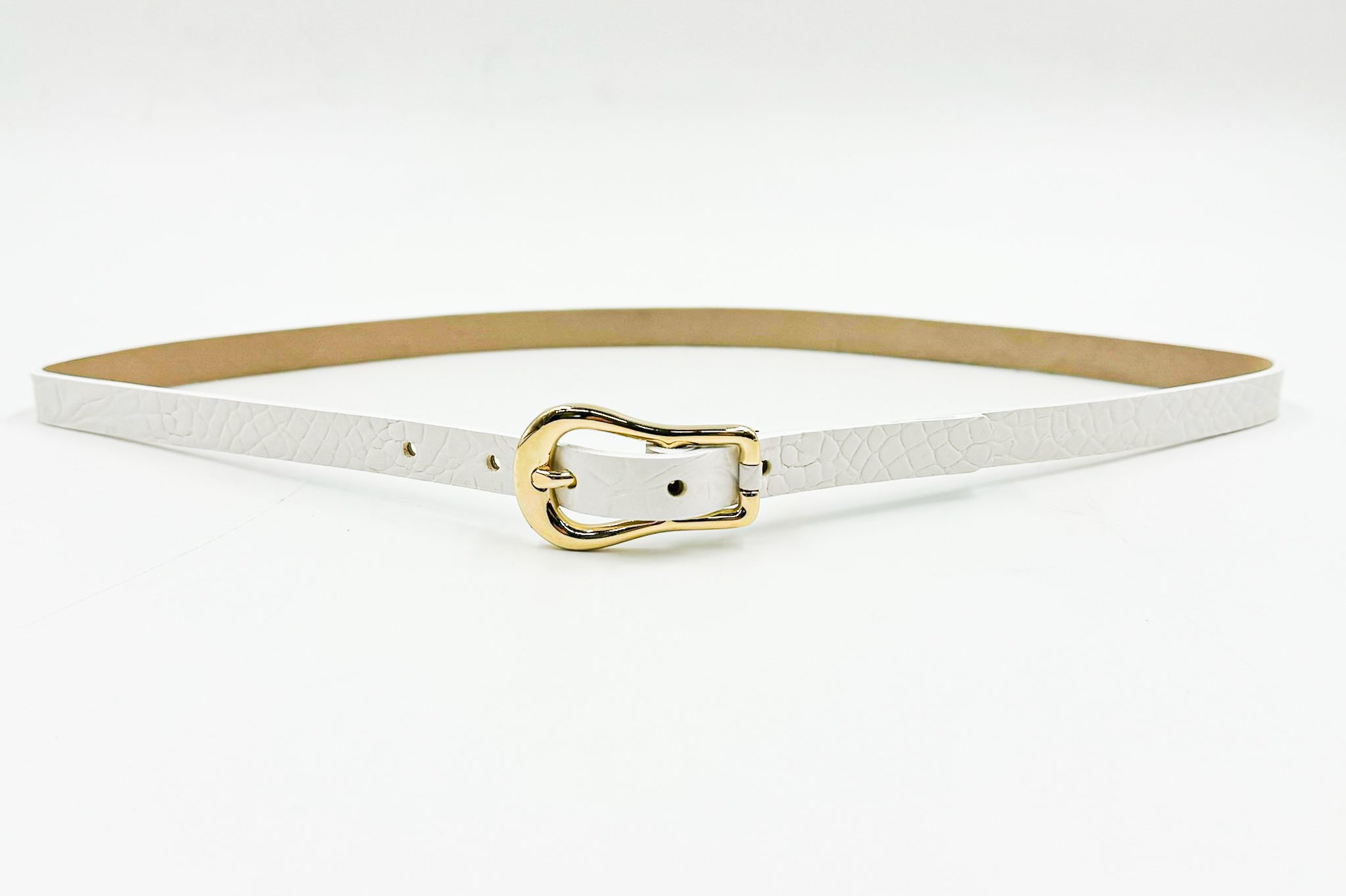 Janae Belt - Narrow White Croc-Embossed Leather Belt Gold Buckle - Streets Ahead