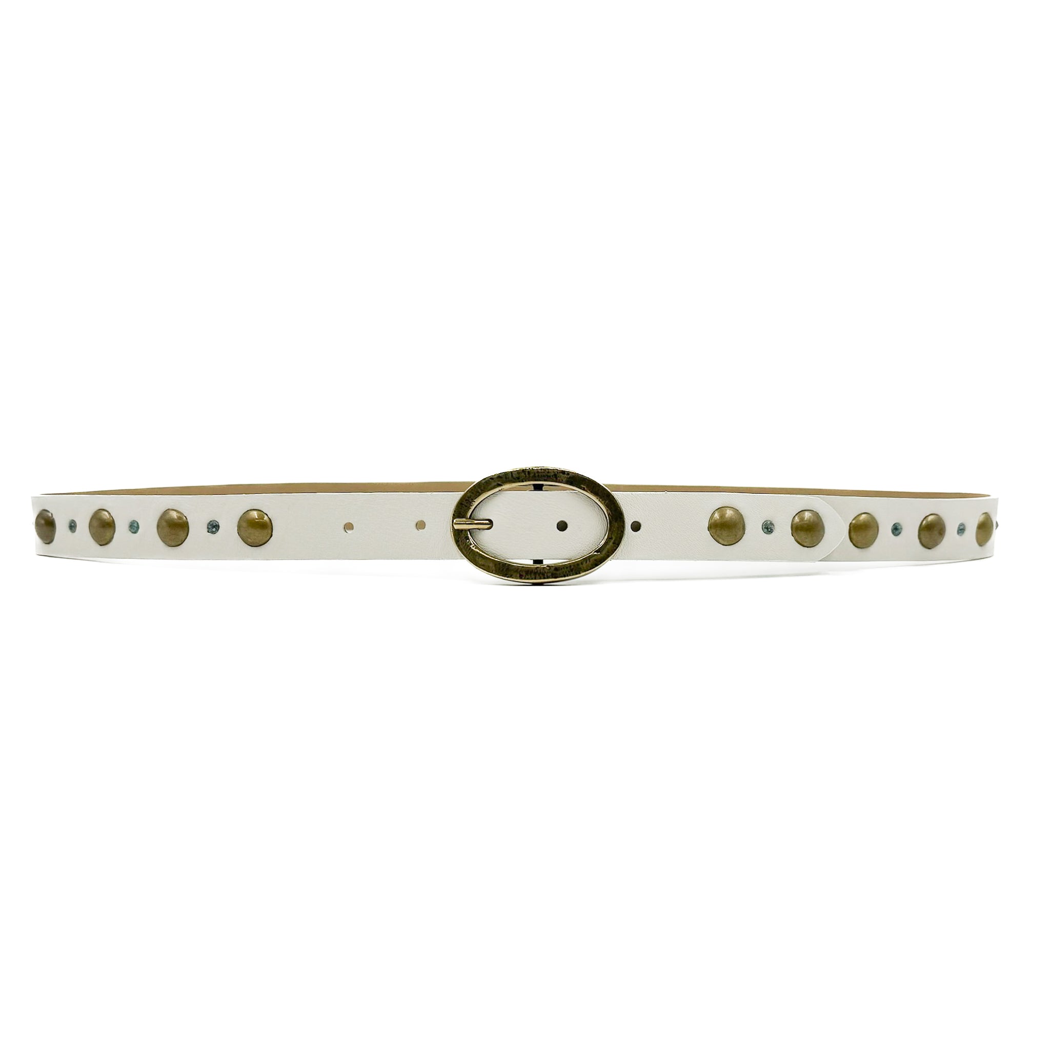 Nahla Belt - Italian Off White Leather Mixed Brass Patina Studs - Streets Ahead