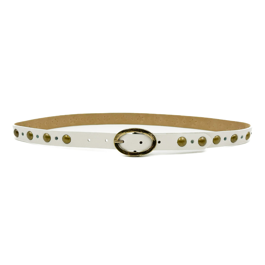 Nahla Belt - Italian Off White Leather Mixed Brass Patina Studs - Streets Ahead