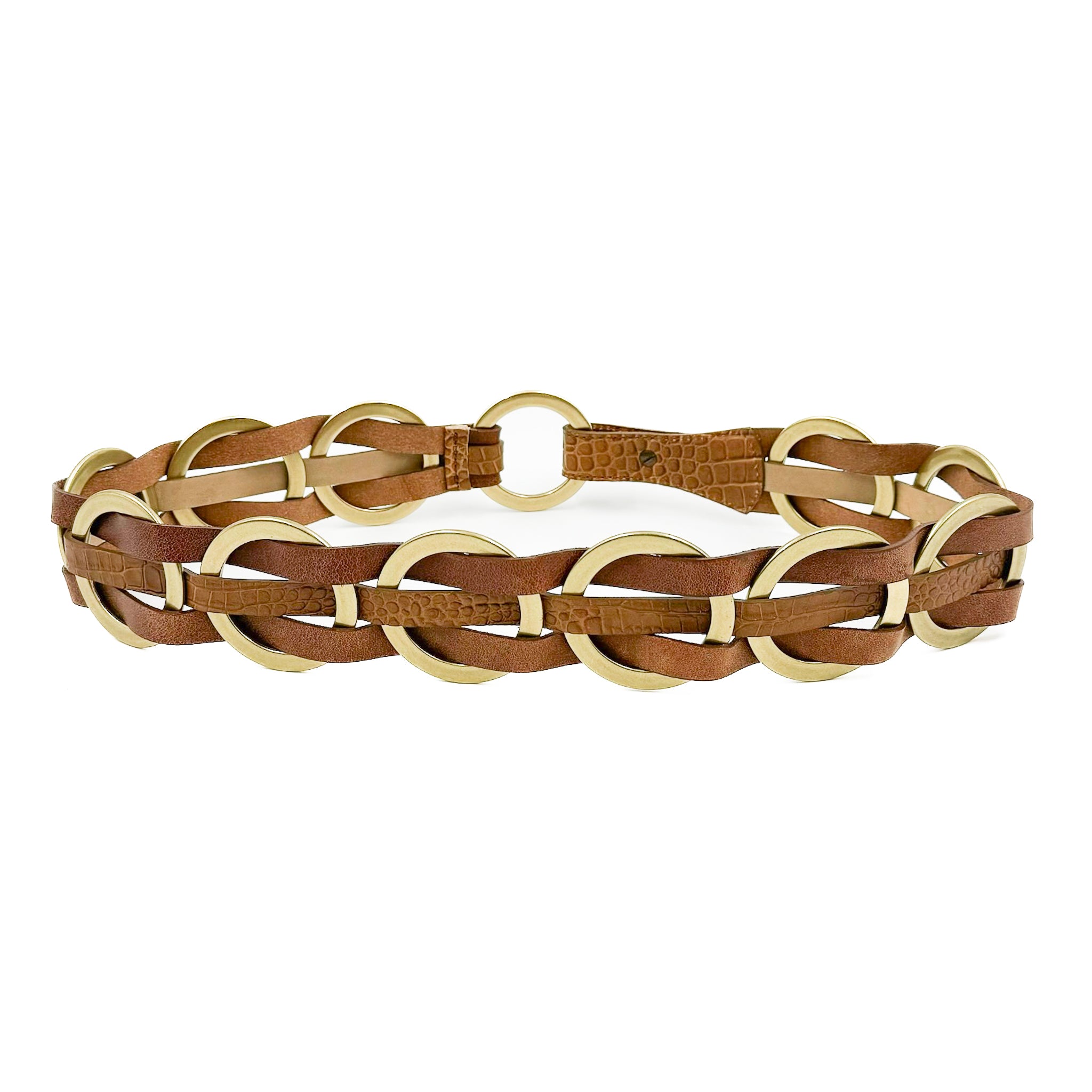 Jaclyn - Tan Woven Leather Brass Ring Belt - Streets Ahead