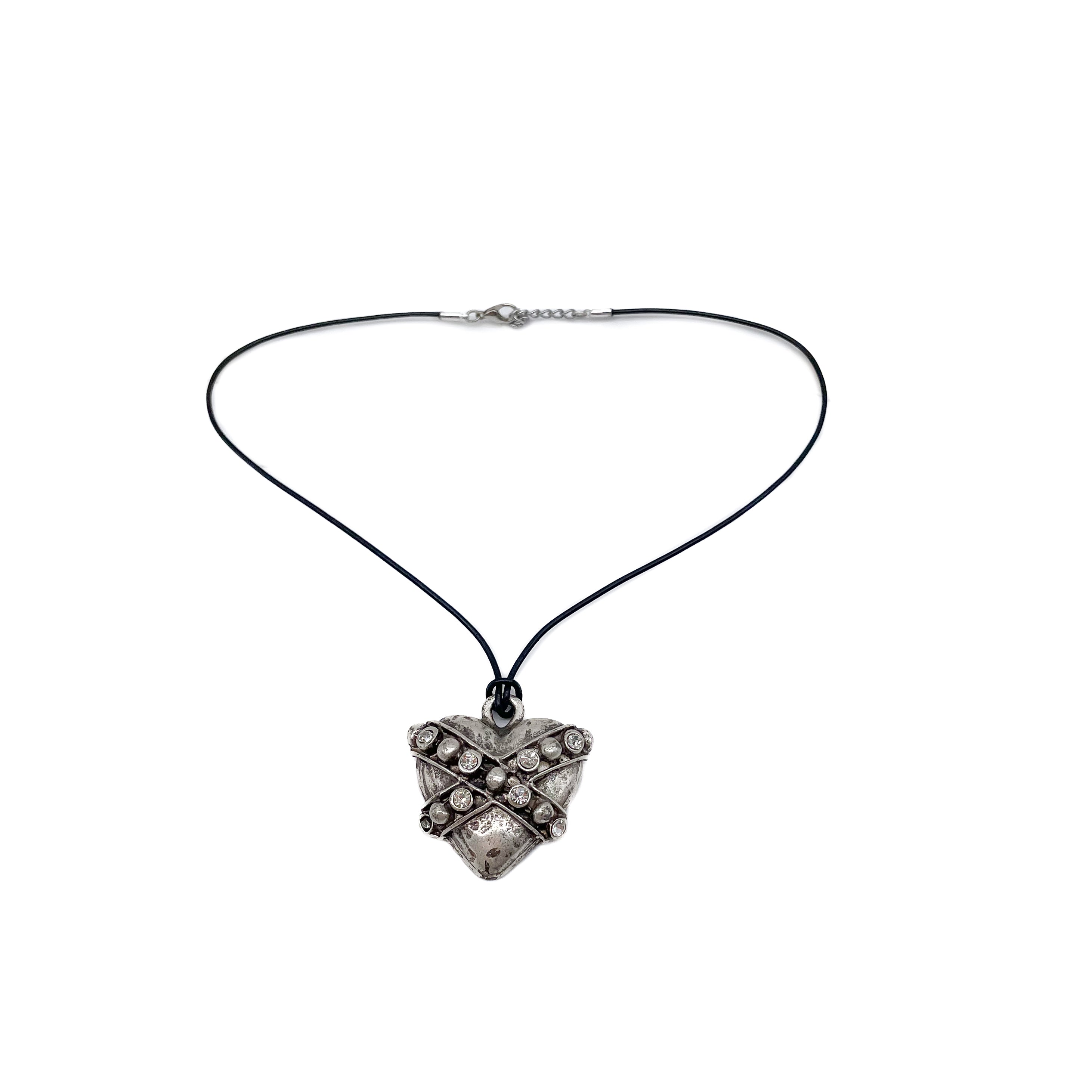 Broken Hearted Necklace with black leather strap and antique silver heart crystal pendant, Streets Ahead